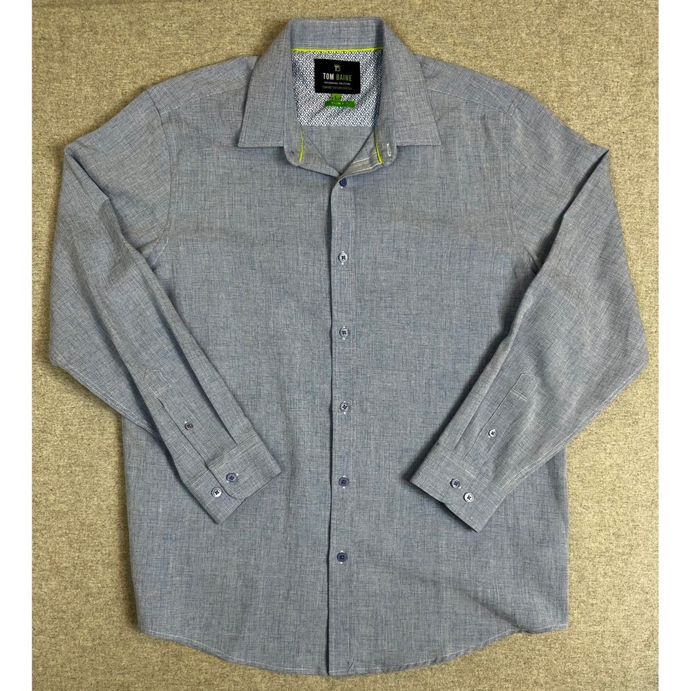 Tom Baine Shirt Mens‎ Large Blue Slim Fit Performance Stretch Button Down